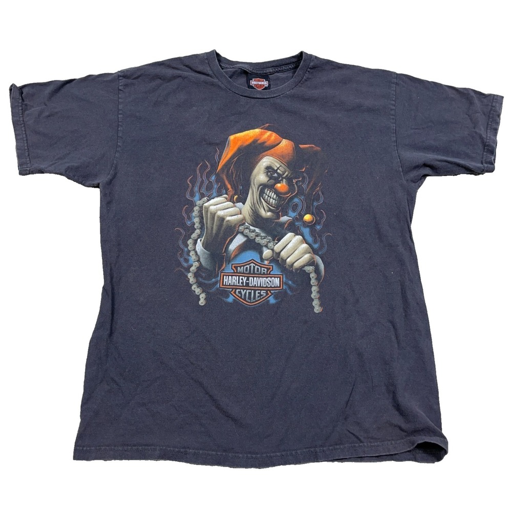 Vintage Y2K Harley Davidson Shirt Men Large Black Faded Joker Clown Flames Fire
